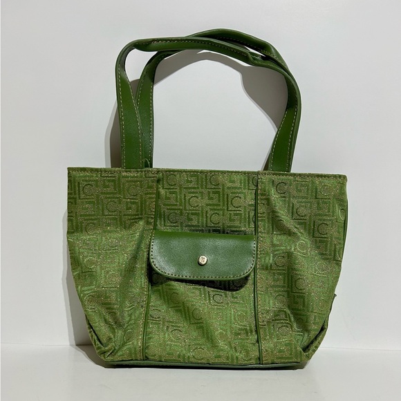 Liz Claiborne Vintage Handbag Satchel Shoulder Bag Purse Pocket Green with Gold - Picture 1 of 16